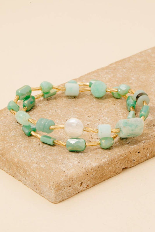 Pearl And Stone Beaded Elastic Bracelet Set