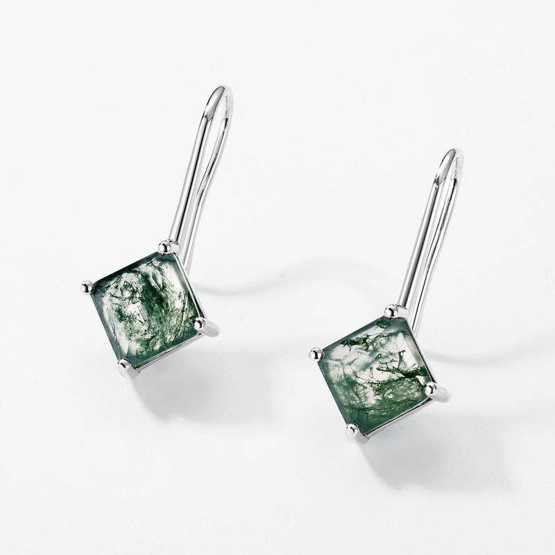 Square Moss Agate Hoop Drop Earrings in 925 Sterling Silver