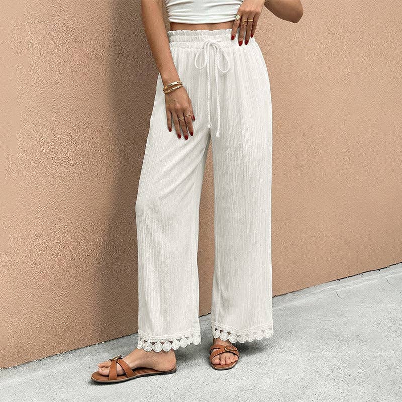 Textured Wide Leg Pants Lace Hem Casual Resort Pants
