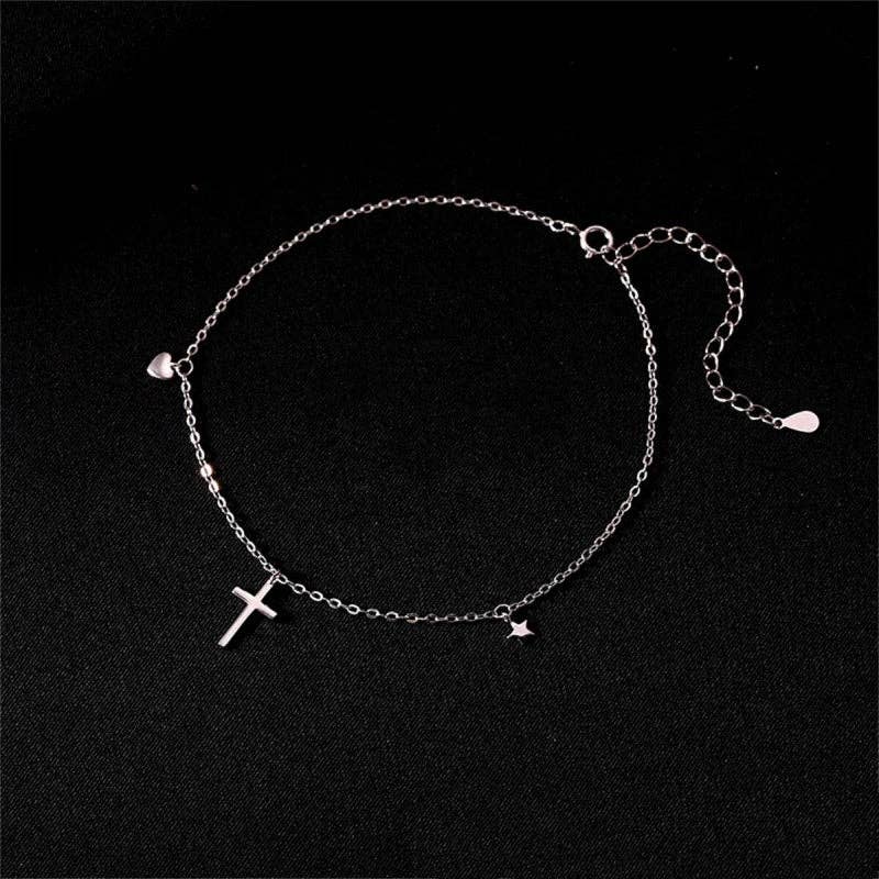 Dainty Cross Star Heart Charm Anklet in 925 Sterling Silver
