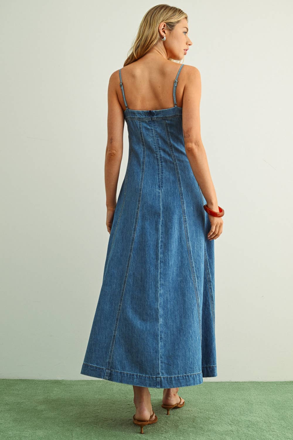 PANELED MAXI WASHED DENIM DRESS