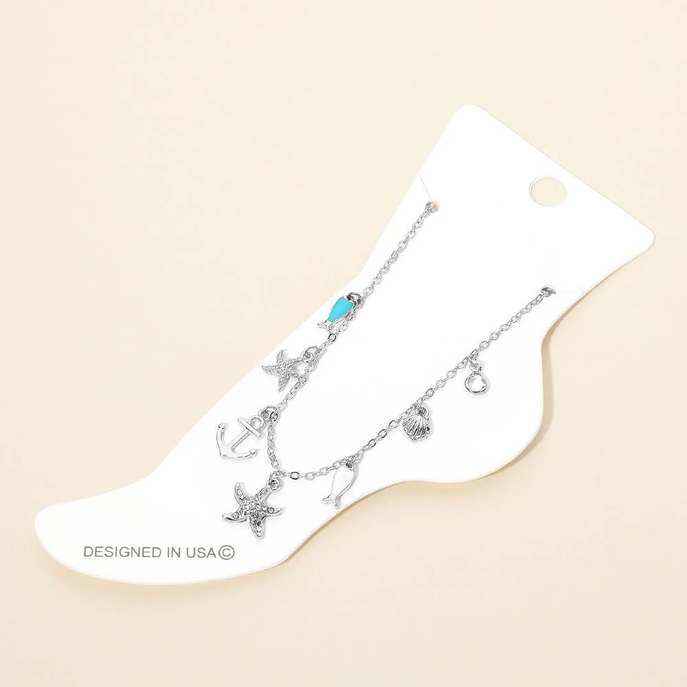 Starfish Anchor Fish Seashell Charm Station Anklet