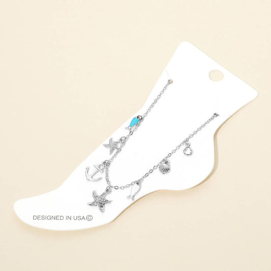 Starfish Anchor Fish Seashell Charm Station Anklet