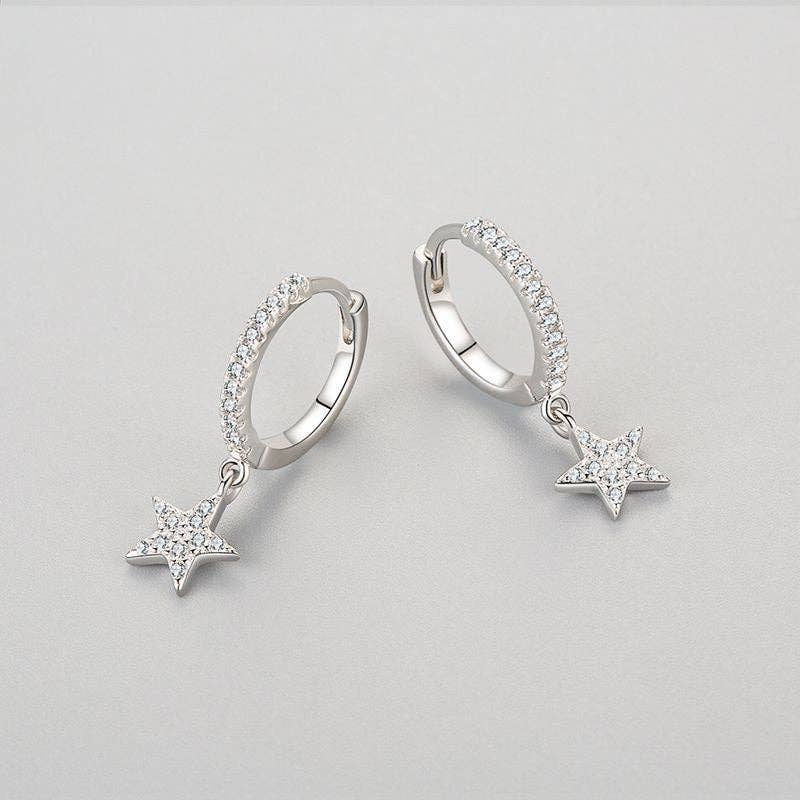 Star Dangle Drop Hoop Earrings 925 CZ