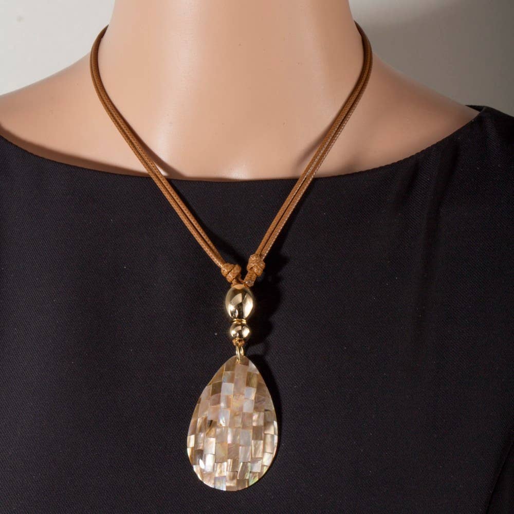Large Mosaic Tear Drop Pendant Cord Necklace