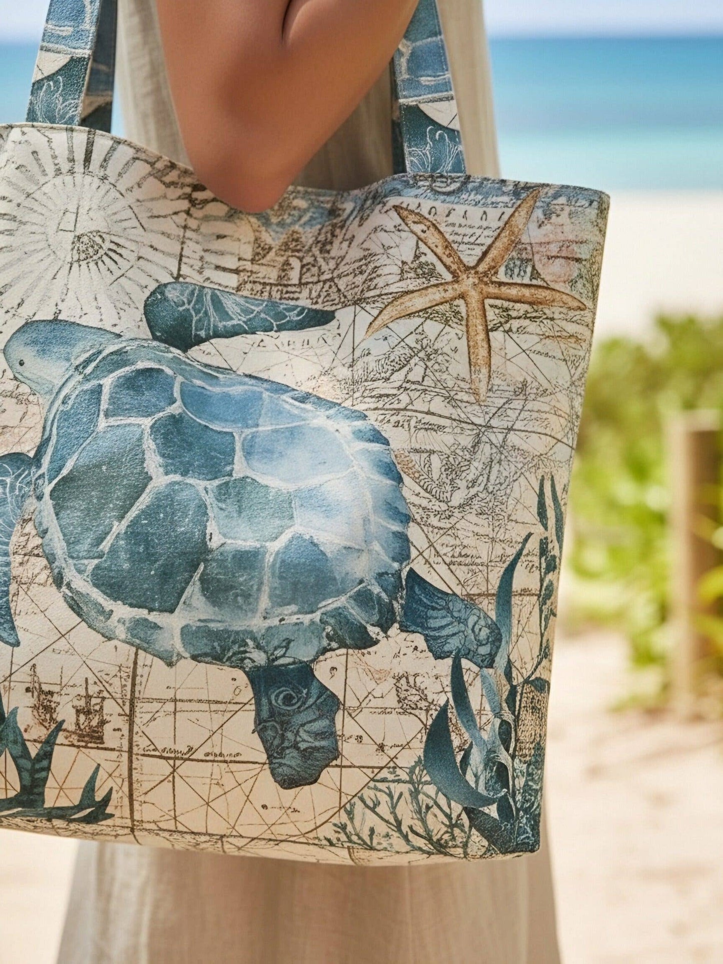 Beige-Blue Sea Turtle Luxe Shoulder Bag