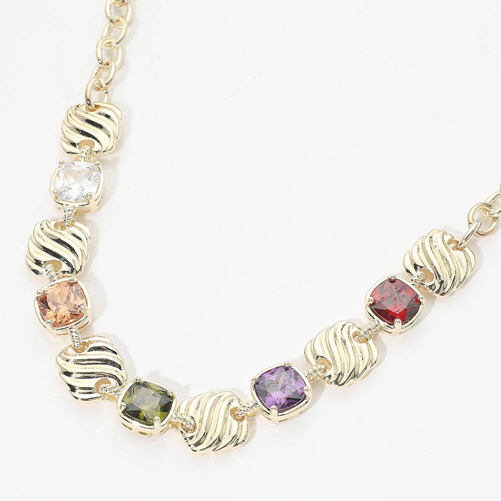 14K GP Multicolor Square CZ Cluster Necklace