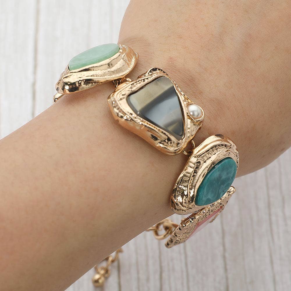 Bold Mixed Vintage Frame Stone Charm Link Statement Bracelet