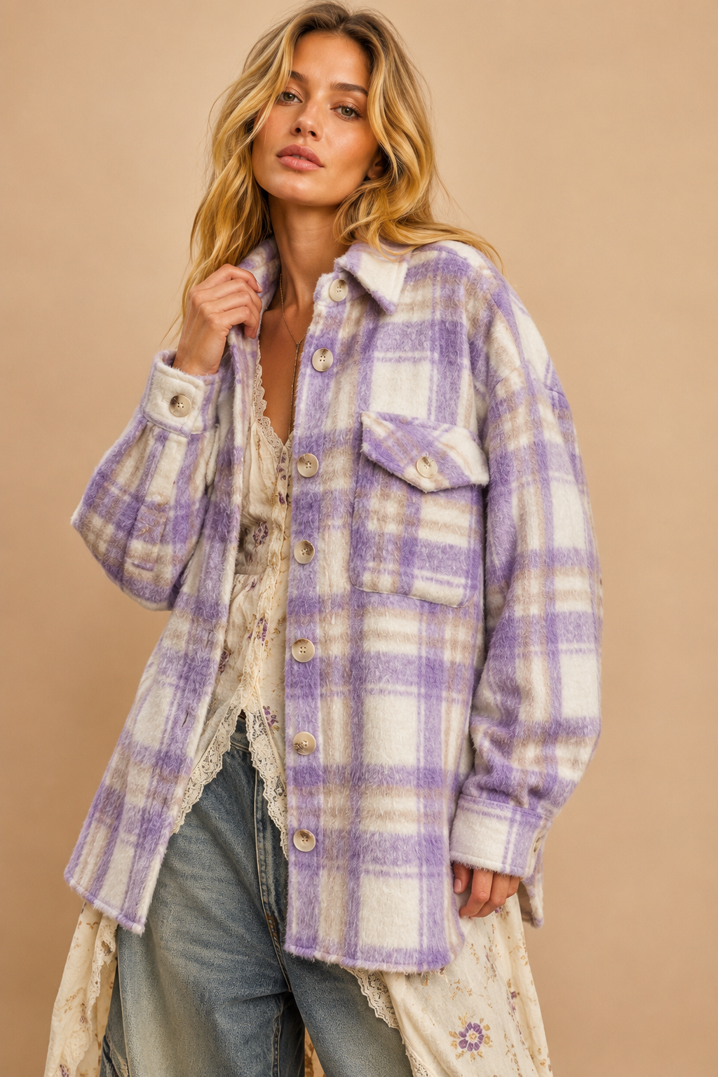 Oversized Fuzzy Plaid Shirt Jacket