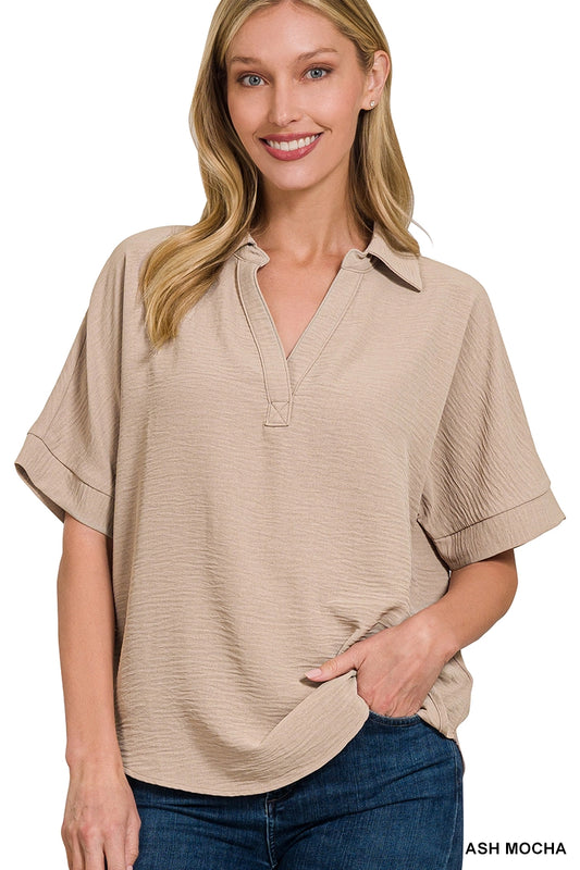 Woven Airflow Collared V Neck Short Sleeve Top