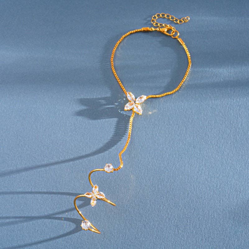 Four-Petal Flower CZ Hand Chain Bracelet in Solid Copper