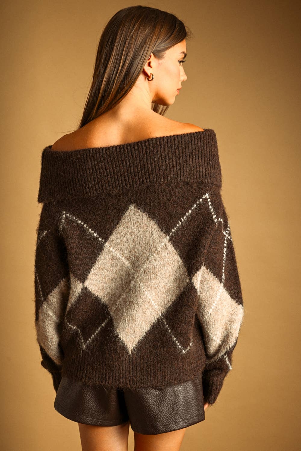 ARGYLE PATTERN OFF SHOULDER LONG SLEEVE SWEATER