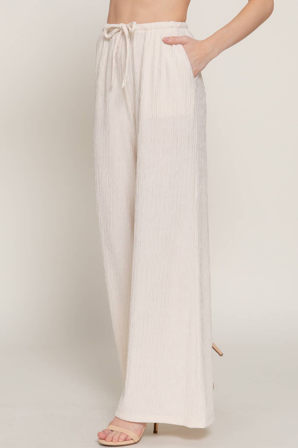 Waistband Crinkle Knit Long Pants w/ Pockets