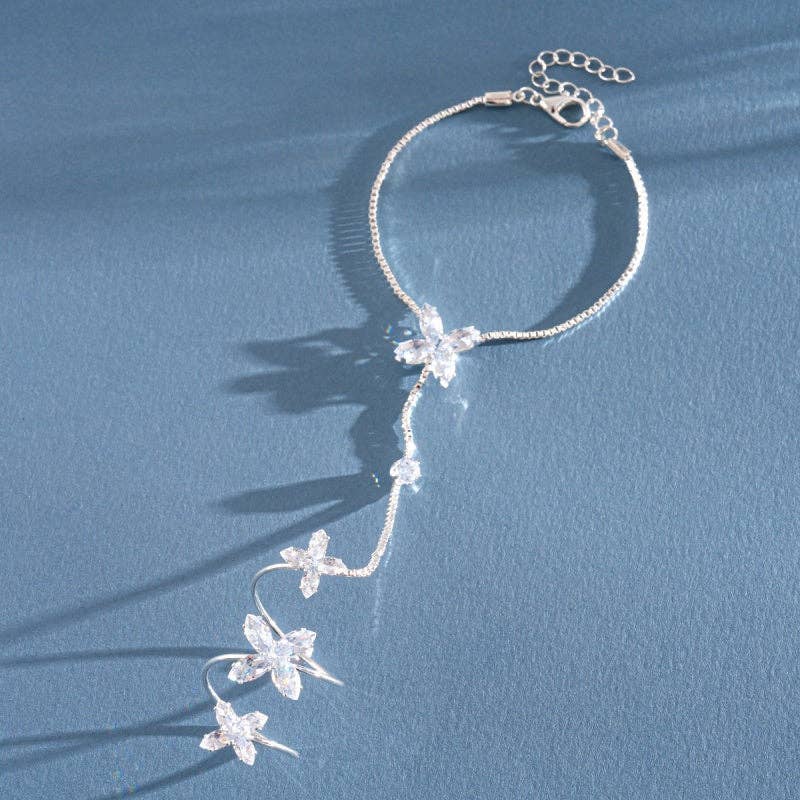 Four-Petal Flower CZ Hand Chain Bracelet in Solid Copper
