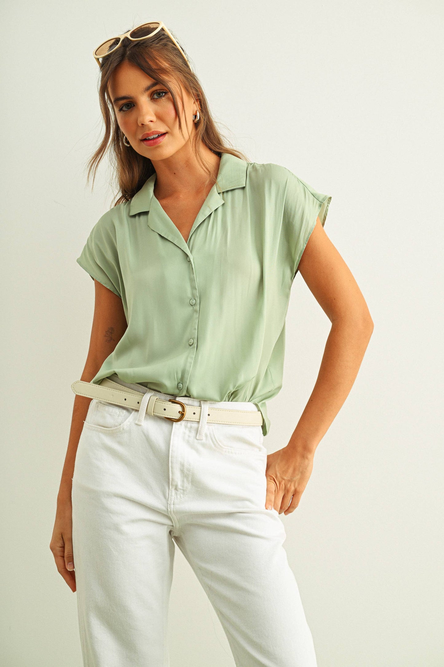 BUTTON DOWN CAP SLEEVE SHIRTS