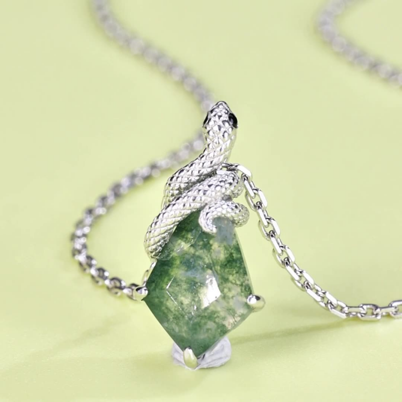 Green Moss Agate Snake Charm Necklace in 925 Sterling Silver