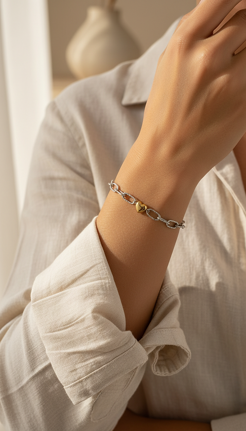 Mixed Metal Heart Chain Bracelet