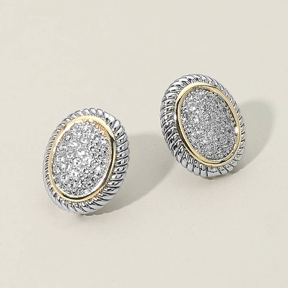 14K Gold Plated Two Tone CZ Stone Paved Oval Stud Earrings