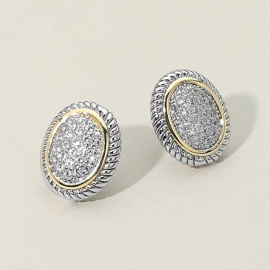 14K Gold Plated Two Tone CZ Stone Paved Oval Stud Earrings