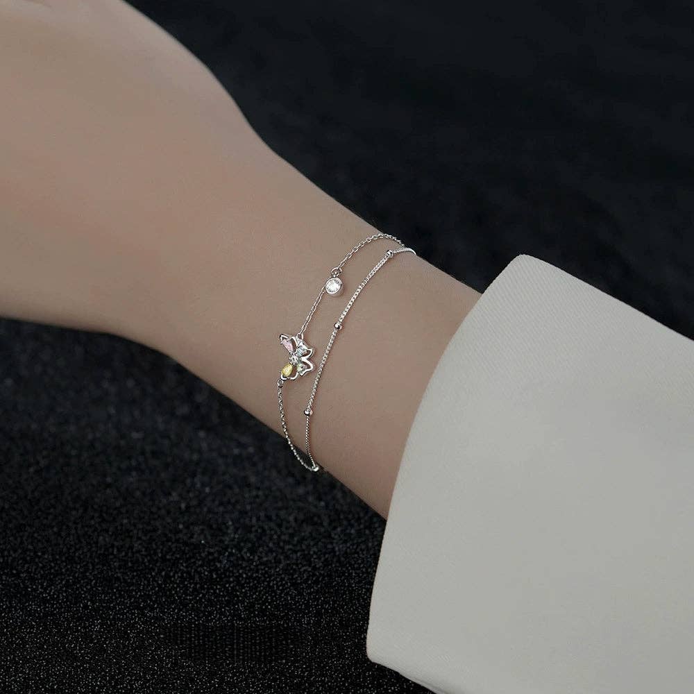 Butterfly Bead Double Chain Bracelet in 925 Sterling Silver