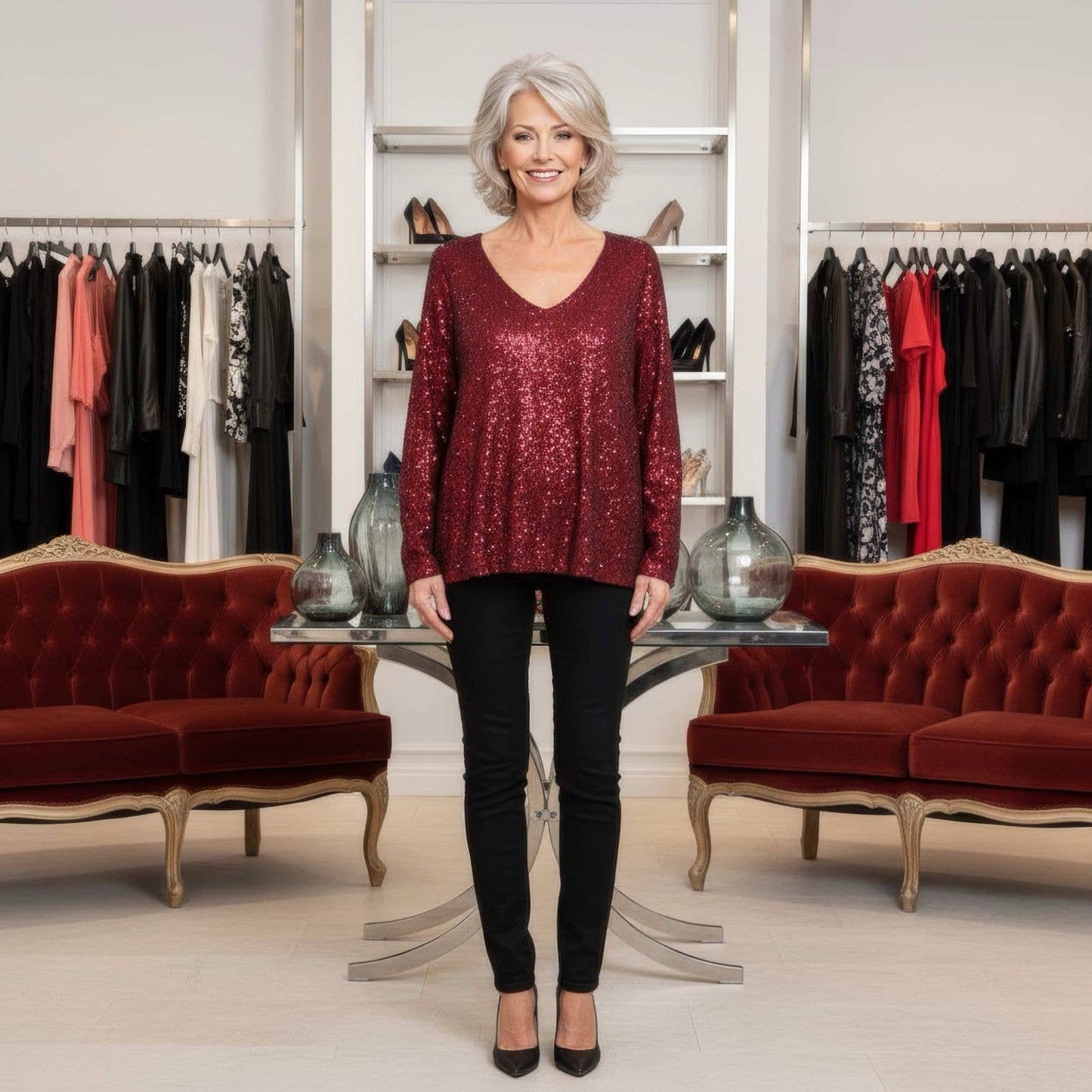 V Neck Sequin Lined Top