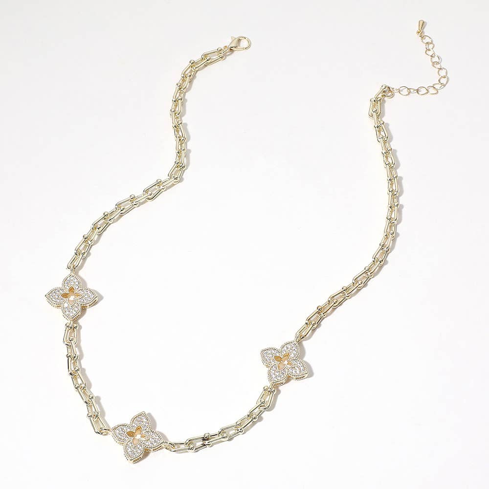 14K Gold Plated CZ Paved/Mother of Pearl Clover Necklace