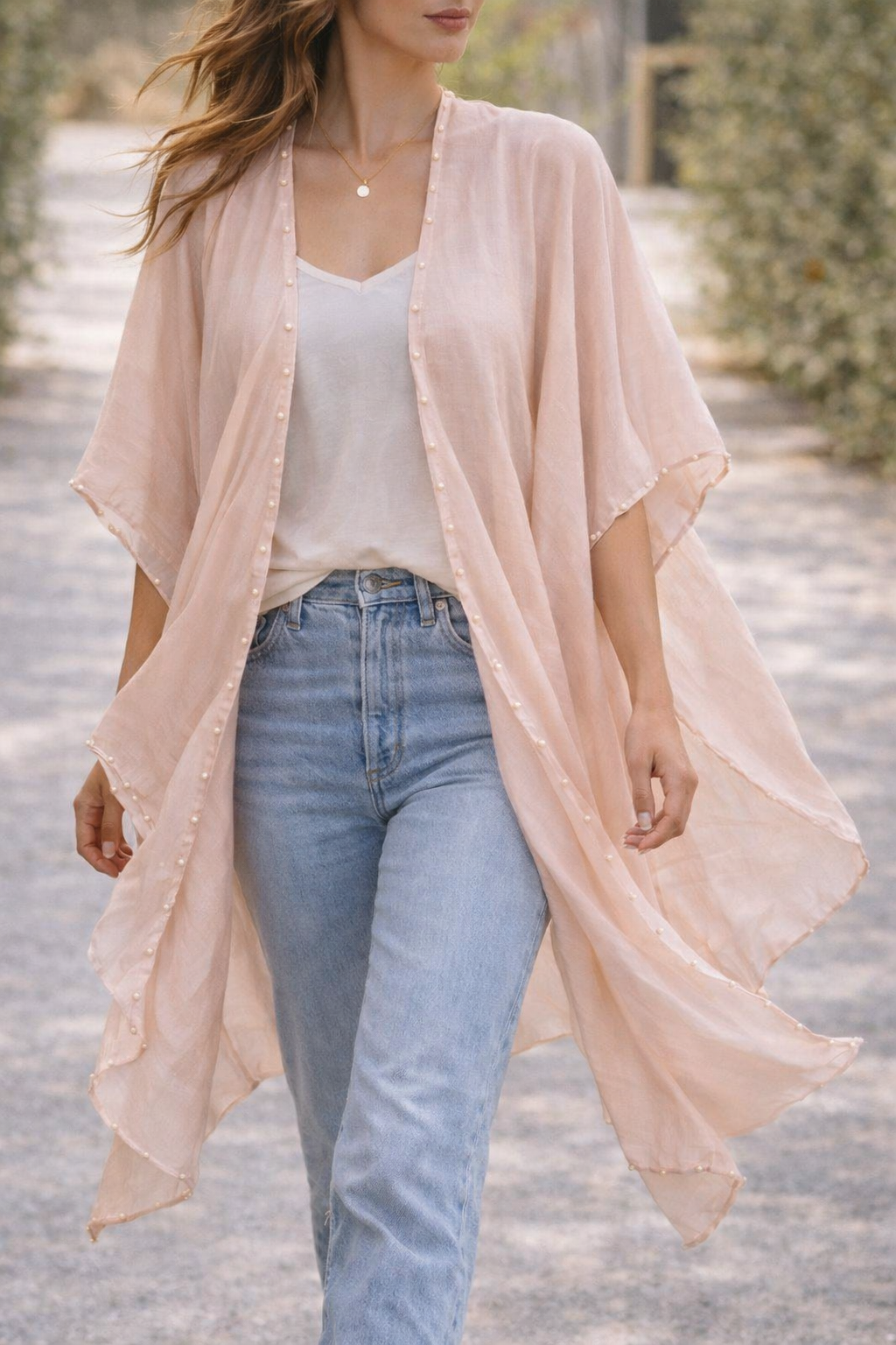 Airy Pearl-Trim Silk-Blend Layering Kimono Cover-Up