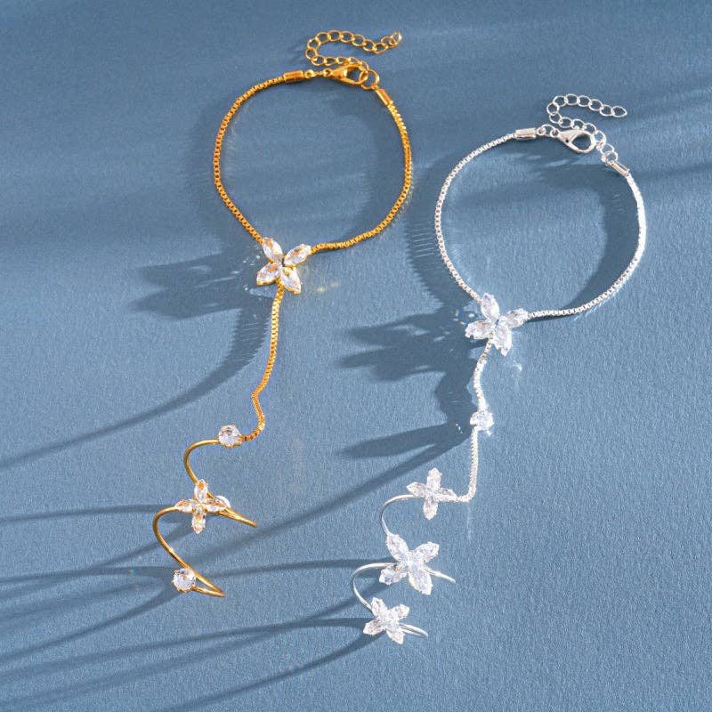 Four-Petal Flower CZ Hand Chain Bracelet in Solid Copper