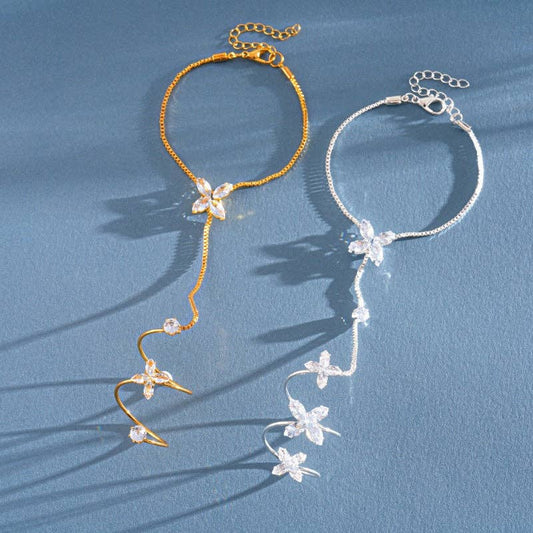 Four-Petal Flower CZ Hand Chain Bracelet in Solid Copper