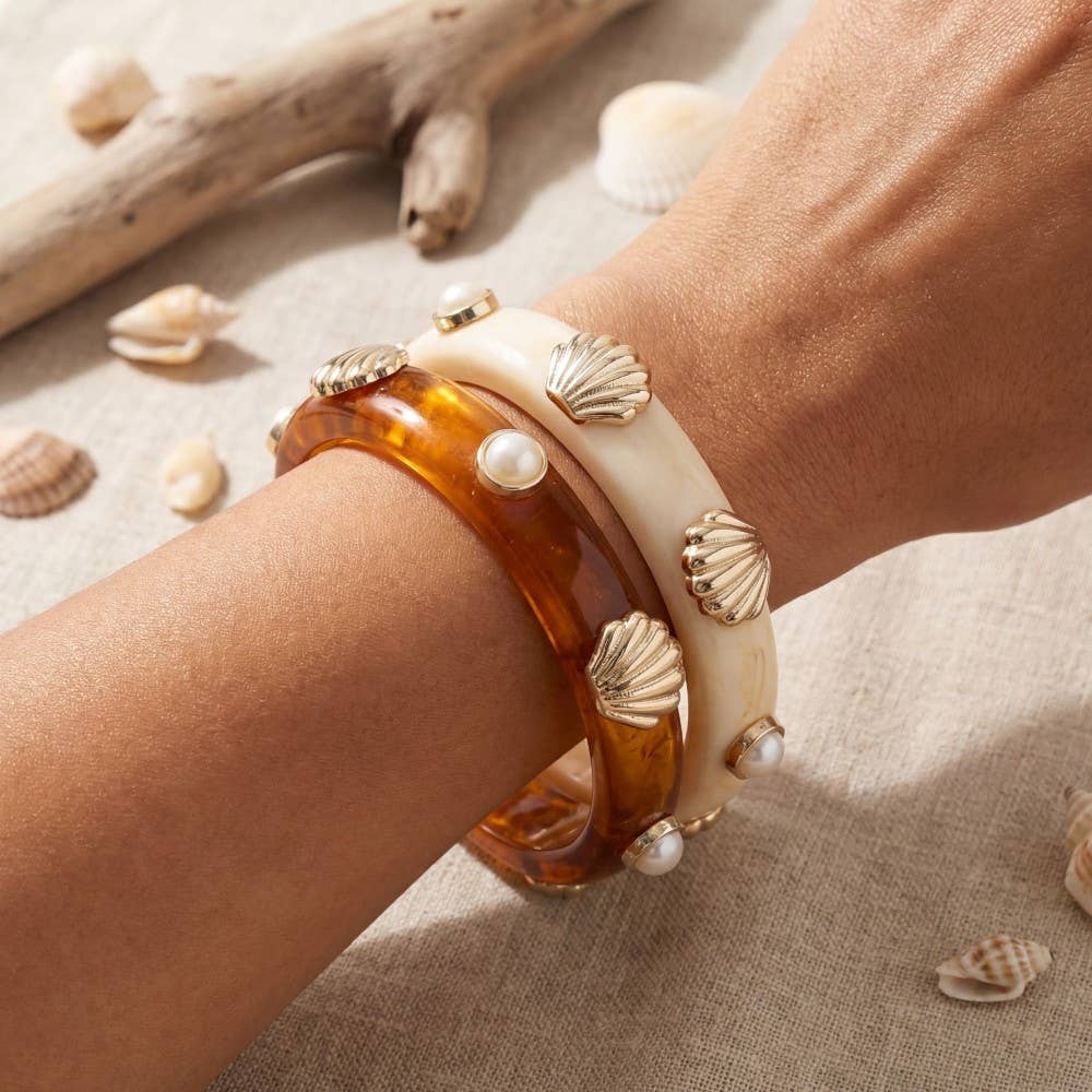 Pearl And Shell Stud Marble Resin Bangle Bracelet