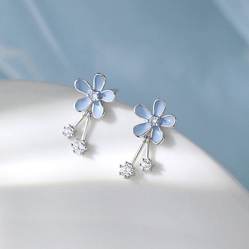 Blue Enamel Flower Stud Drop Earrings in 925 Sterling Silver