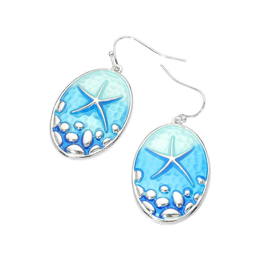 Starfish Embossed Oval Charm Dangle Earrings