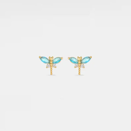 Tiny Small Blue Dragonfly Earrings in 925 Sterling Silver