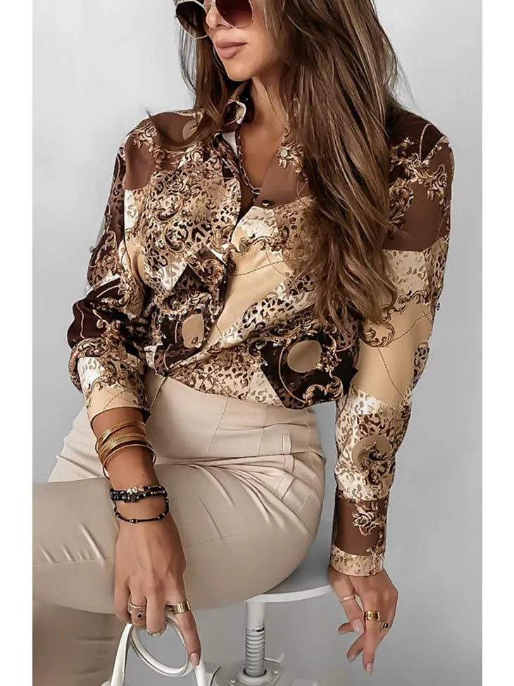 Kelsie Colour Block Animal Print Shirt Blouse Top-Brown