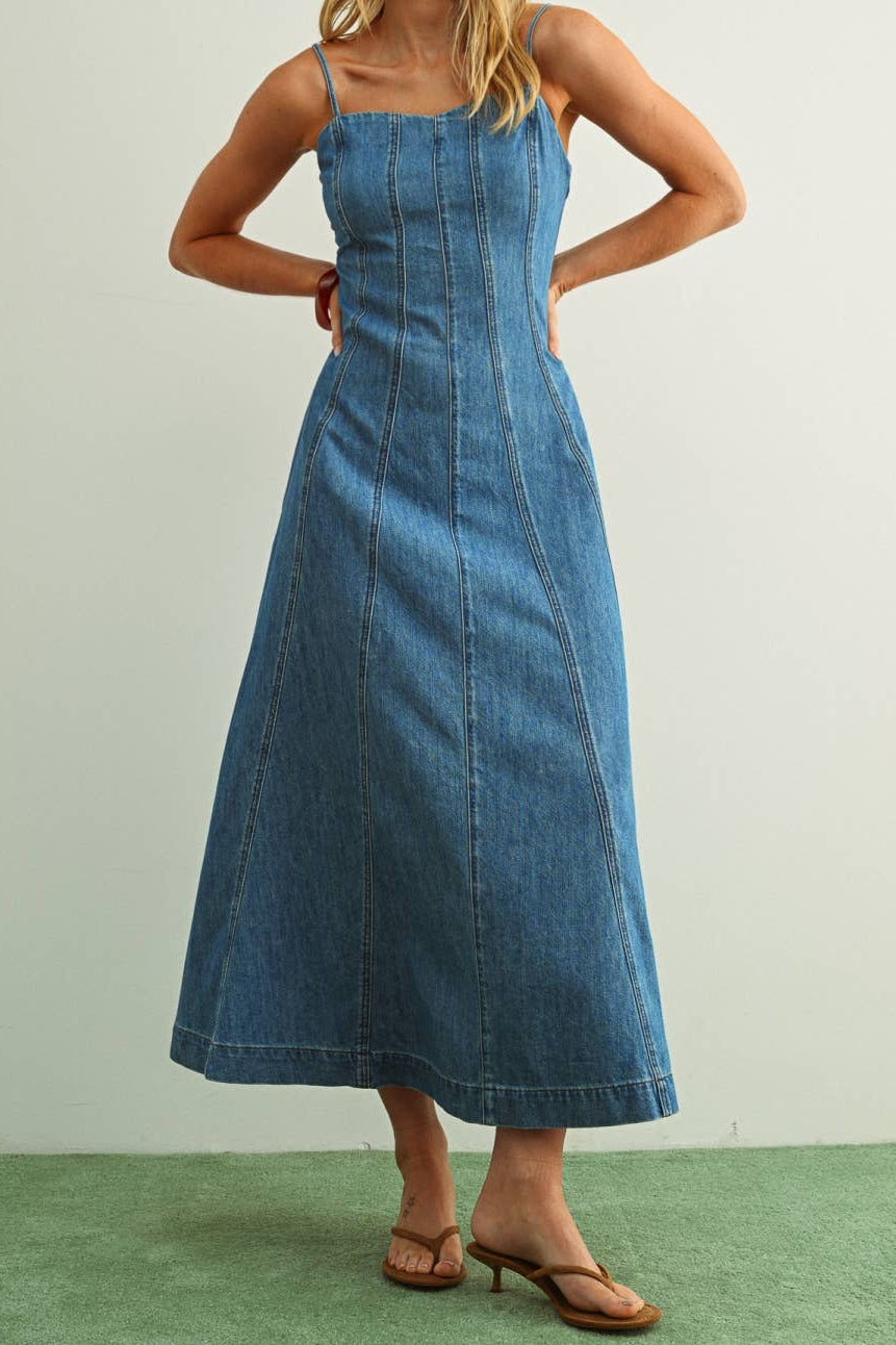 PANELED MAXI WASHED DENIM DRESS