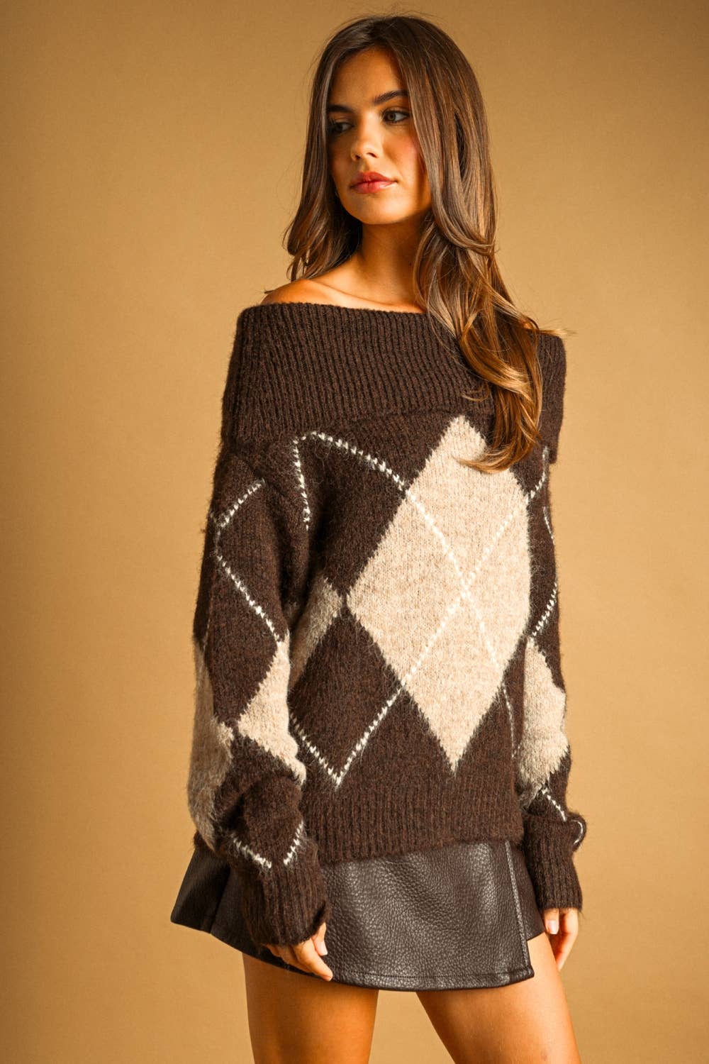 ARGYLE PATTERN OFF SHOULDER LONG SLEEVE SWEATER