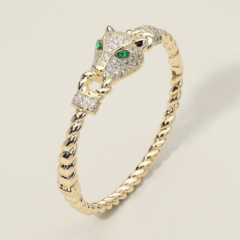 CZ Stone Paved Leopard Panther Head Accent Hinged Bangle Bracelet