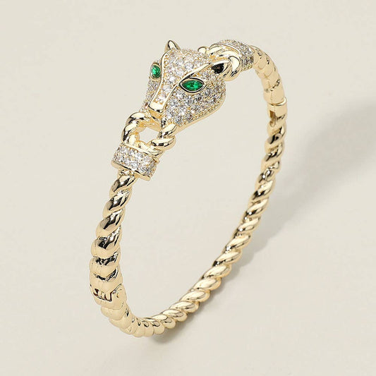 CZ Stone Paved Leopard Panther Head Accent Hinged Bangle Bracelet
