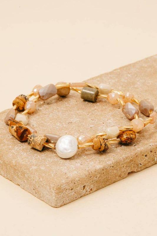 Pearl And Stone Beaded Elastic Bracelet Set