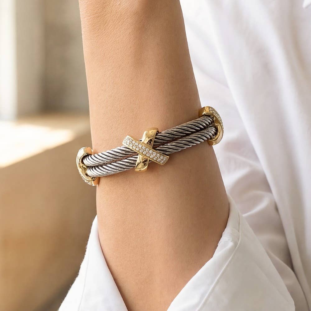 Gold Plated Two Tone Layered Wire Cuff Bracelet