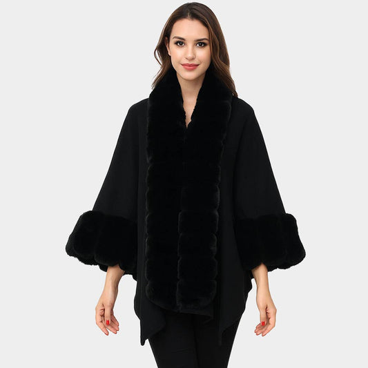 Luxury Faux Fur Trim Cape Shawl