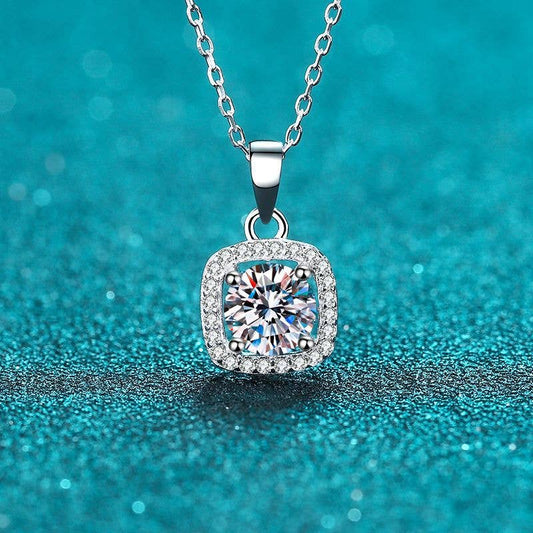 Four-Prong Halo Moissanite Necklace in 925 Sterling Silver