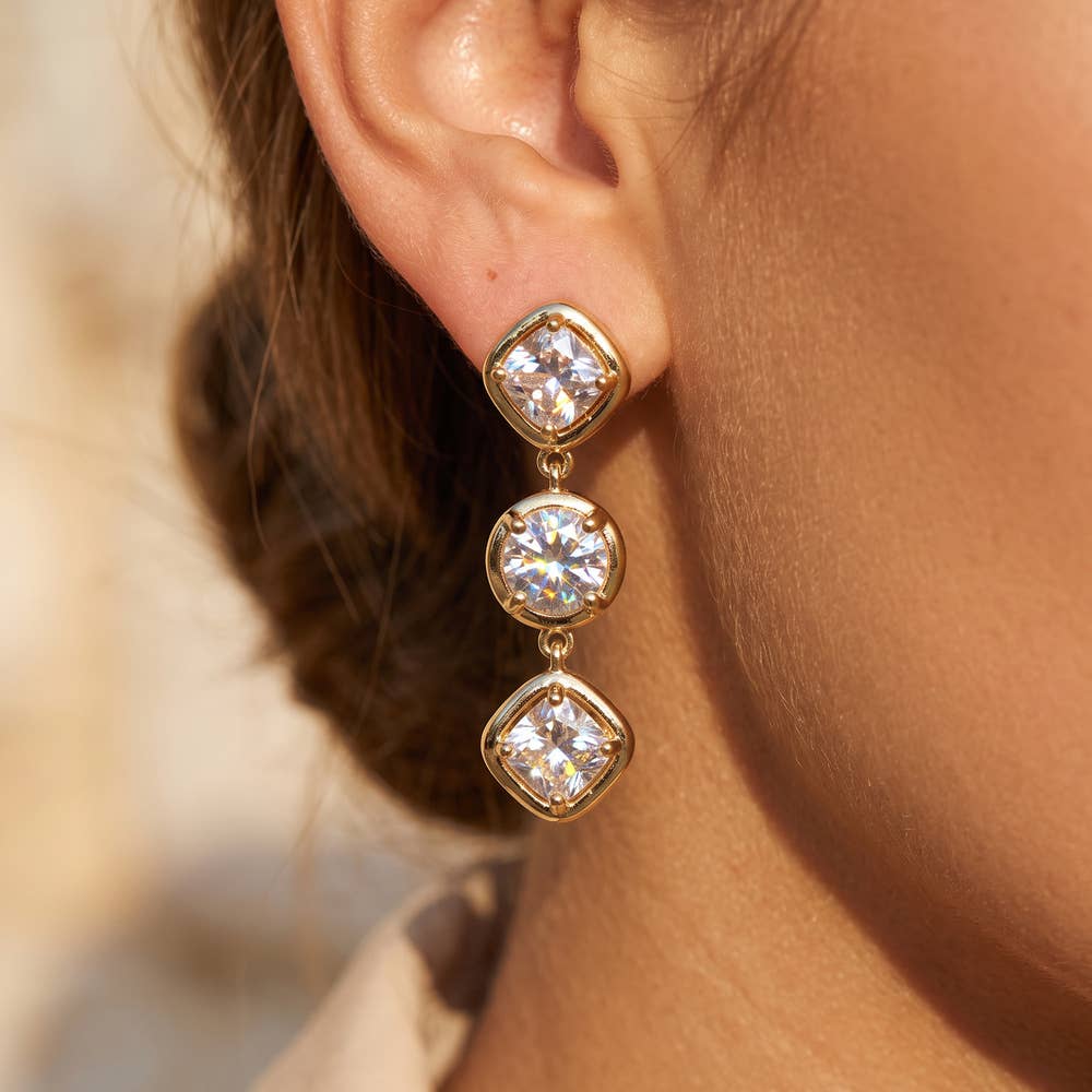 14K Gold Dipped Cz Triple Drop Earrings