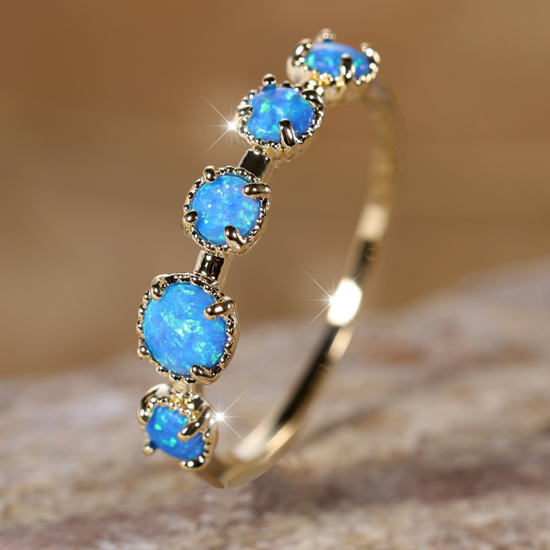 Round Blue Opal Cabochon Stacking Band Ring in Solid Copper