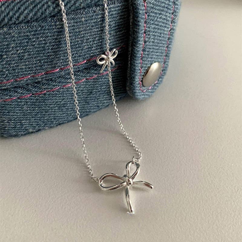 Dainty Double Bow Tie Charm Necklace in 925 Sterling Silver