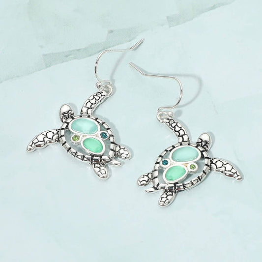 Sea Glass Sea Turtle Charm Drop Dangle Earrings