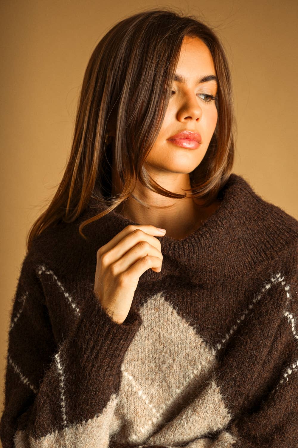 ARGYLE PATTERN OFF SHOULDER LONG SLEEVE SWEATER