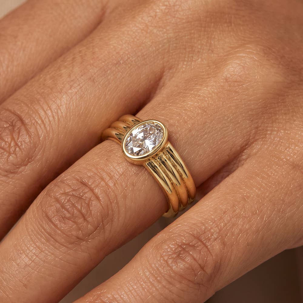 Gold Dipped Triple Band Oval Bezel Cz Ring