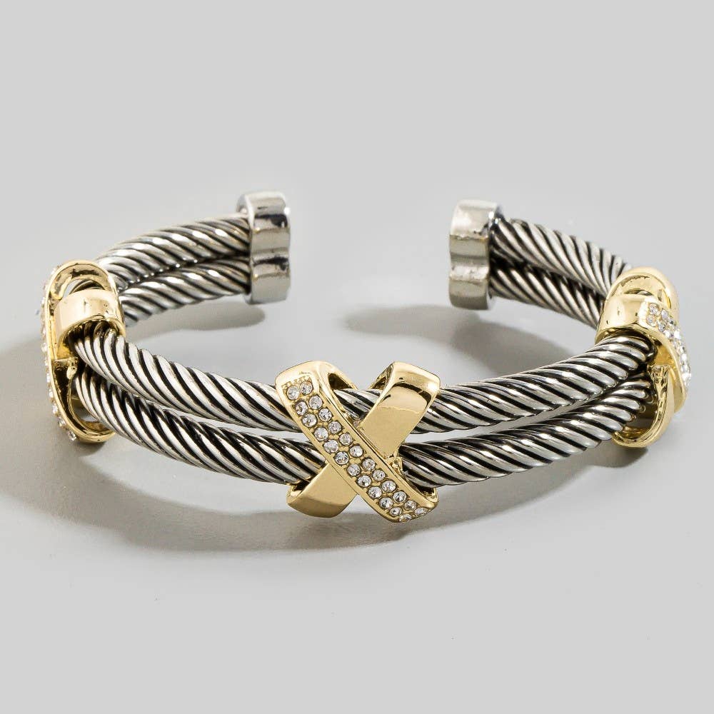Gold Plated Two Tone Layered Wire Cuff Bracelet