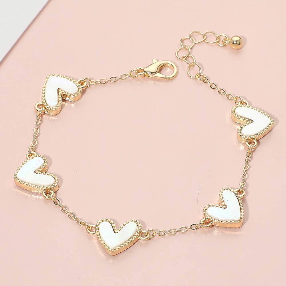 Mother of Pearl Heart Charm Station Bracelet